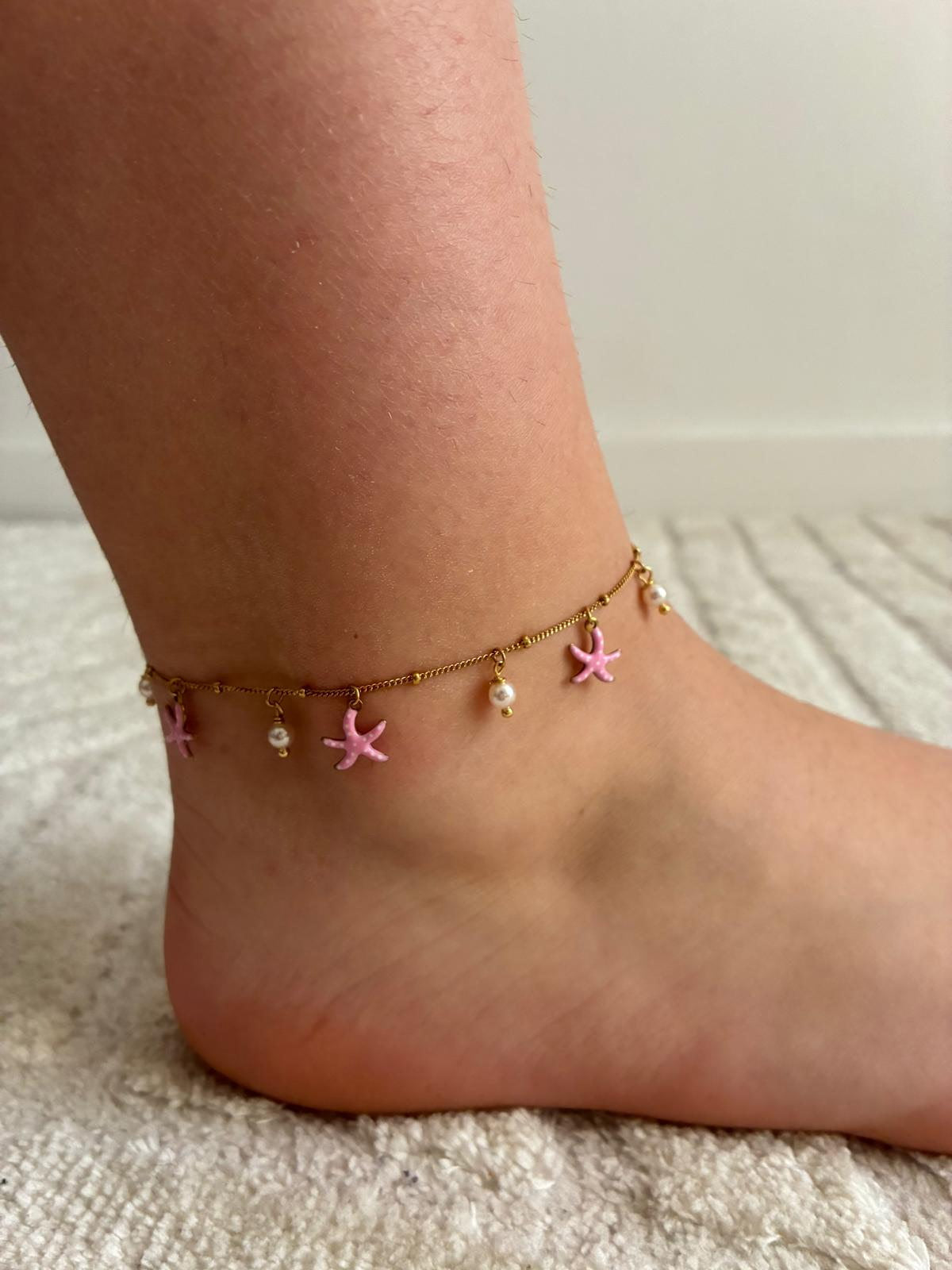 Chaine de cheville dorée - Etoiles de mer roses