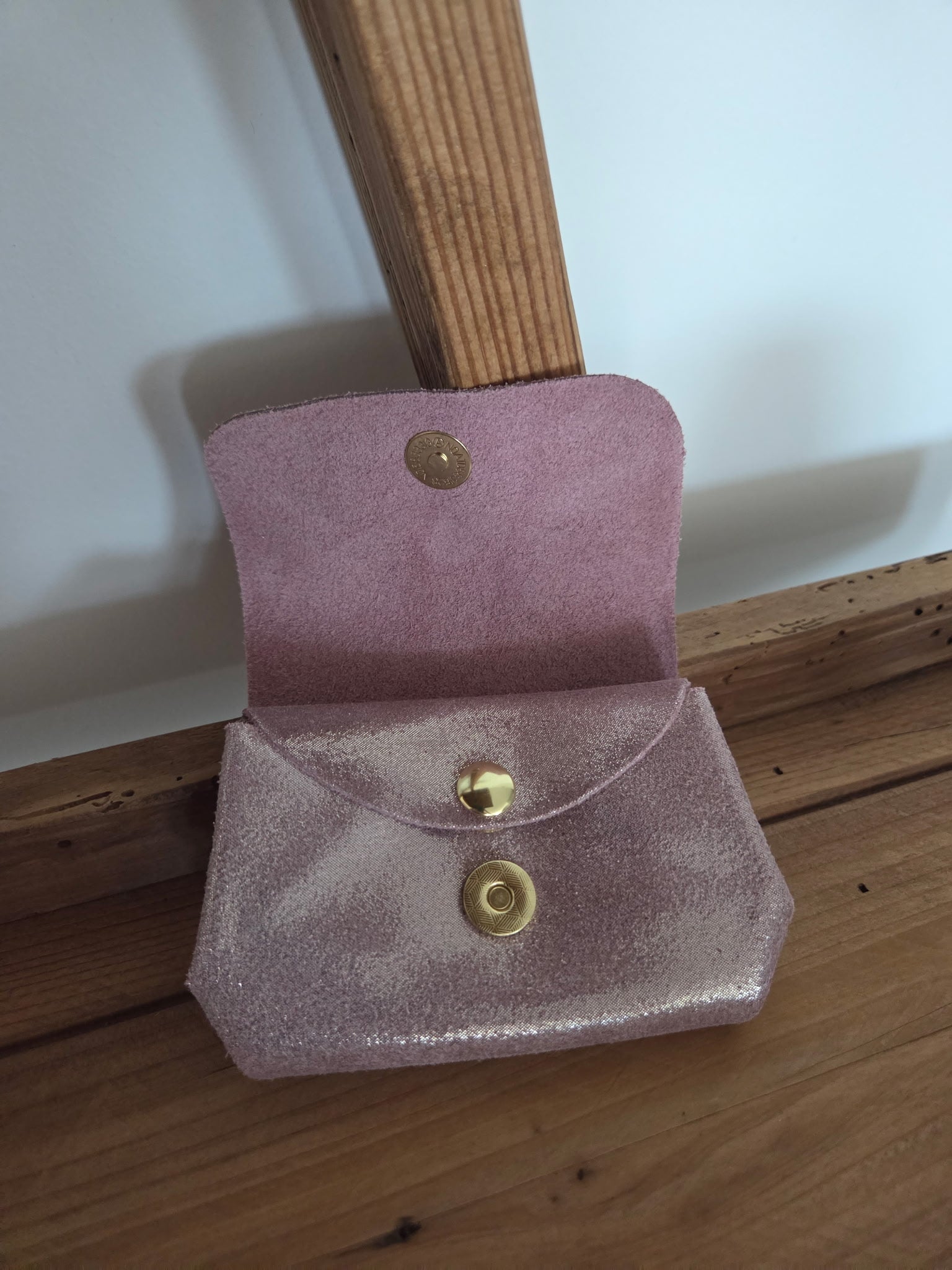 Porte-monnaie cuir rose pailleté