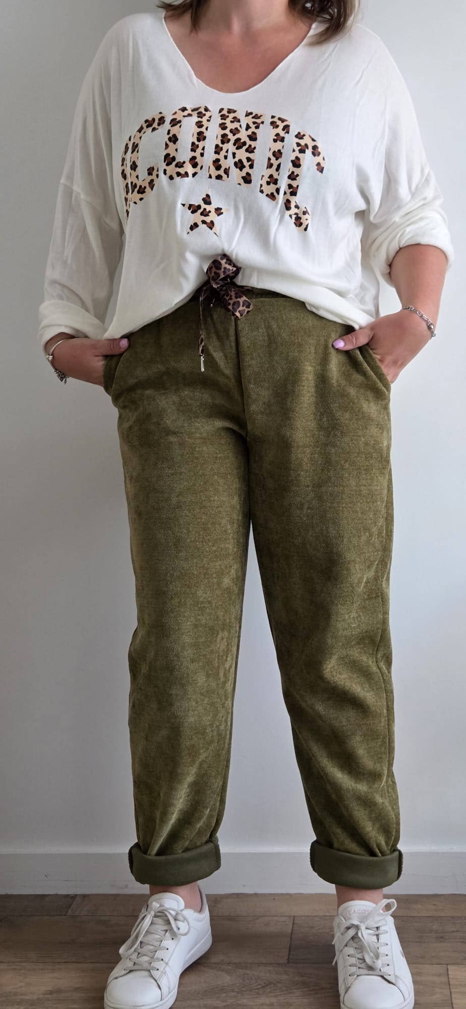 Pantalon kaki lacet léopard